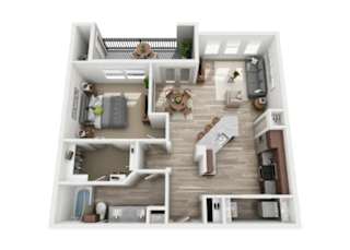 A top-down view of a small apartment with a kitchen, living room, and bedroom.