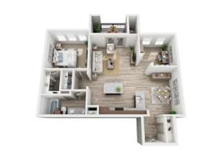 A 3D floor plan of a house with a living room, kitchen, dining room, and bedrooms.
