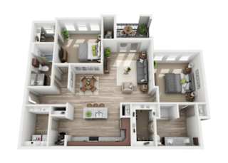 A top-down view of a modern apartment layout with a central open space.