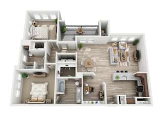 A top-down view of a house layout with multiple rooms and furniture.