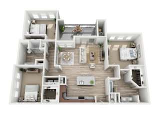 A 3D floor plan of a house with multiple rooms and furniture.