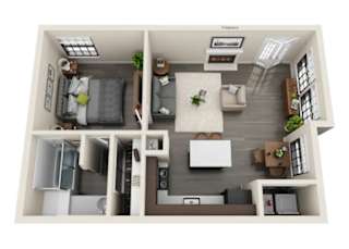 A 3D rendered image of a small apartment layout.