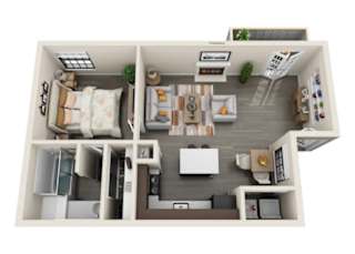 A 3D floor plan of a small apartment with a kitchen, living room, and bedroom.