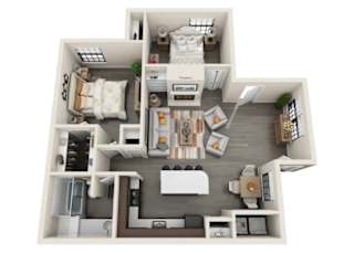 A top-down view of a small apartment layout with a kitchen, living room, and bedroom.