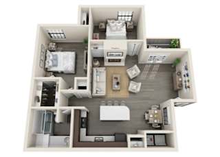 A 3D floor plan of a small apartment with a kitchen, living room, and two bedrooms.