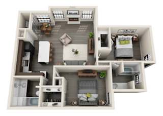 A 3D floor plan of a house with a living room, kitchen, and bedrooms.