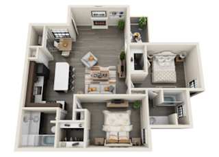 A 3D floor plan of a small apartment with a kitchen, living room, and bedroom.