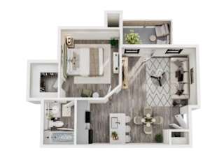 A white and wood floor plan of a house with a kitchen, living room, dining room, and bedrooms.