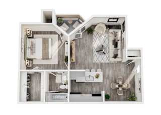 A top-down view of a modern house interior with a kitchen, living room, and bathroom.