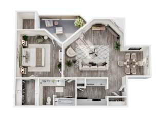A top-down view of a house layout with a living room, kitchen, and bathroom.