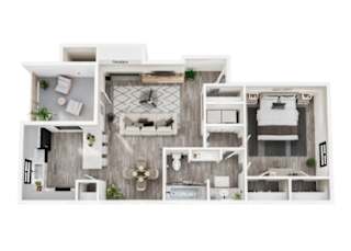 A floor plan of a modern apartment with a kitchen, living room, and bedrooms.