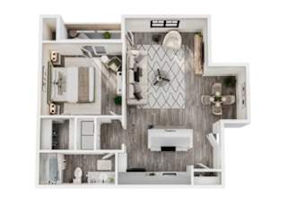 A floor plan of a small apartment with a kitchen, living room, and bathroom.