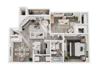 A top-down view of a modern apartment layout with a kitchen, living room, dining area, and bathroom.