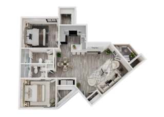A 3D floor plan of a house with a kitchen, living room, and two bedrooms.