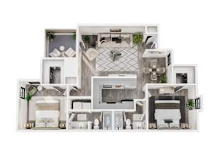 A white and wood themed floor plan of a house with a kitchen, living room, and bathroom.