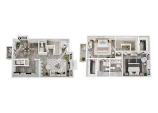 Two images of a house layout with a kitchen, living room, and bathroom.