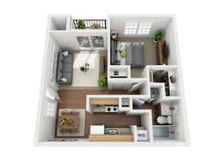 A 3D floor plan of a small apartment with a kitchen, living room, and bathroom.