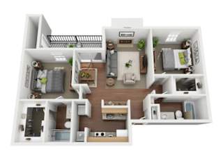 A 3D floor plan of a house layout.