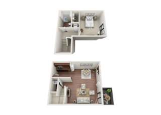 A floor plan of a two-story apartment with a living room, kitchen, and bedrooms.