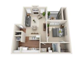 A 3D floor plan of a small apartment with a kitchen, living room, and bathroom.