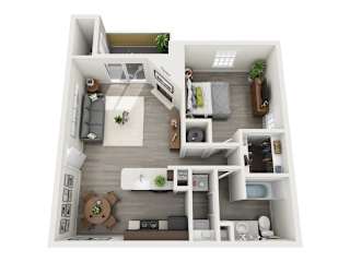 A top-down view of a small apartment with a kitchen, living room, and bedroom.