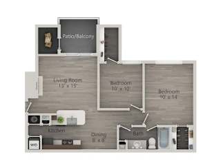 A floor plan of a home with a living room, two bedrooms, a kitchen, a dining area, and a bathroom.