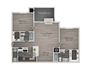 A floor plan of a home with a living room, kitchen, two bedrooms, and a bathroom.