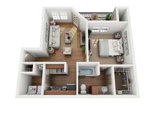 1 bedroom 1 bathroom floorplan with balcony at Elm Hollow Apartments, Helotes, TX 78023