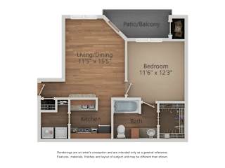 One bed one bath floorplan with balcony at Elm Hollow Apartments, Helotes, TX