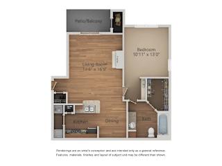 A floor plan of a home with a living room, dining room, kitchen, bedroom, and bathroom.