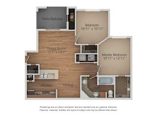 A floor plan of a house with a living room, kitchen, dining room, master bedroom, and two other bedrooms.
