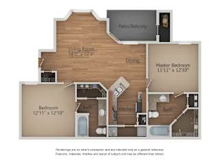 A floor plan of a house with a living room, dining room, kitchen, master bedroom, and two bathrooms.