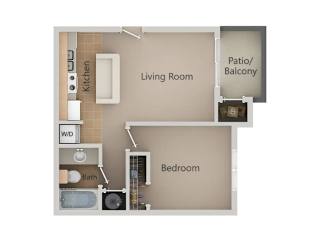A floor plan of a small apartment with a living room, kitchen, bathroom, bedroom and patio.