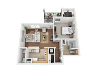 A 3D floor plan of a house with a kitchen, living room, and bedrooms.