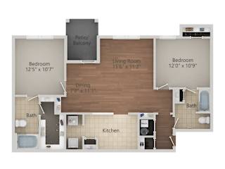 Two bed two bathroom floorplan with patio at Riviera Apartments, Waco, TX 76708
