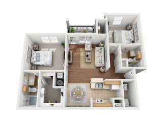 A 3D floor plan of a small apartment with a kitchen, living room, and bathroom.