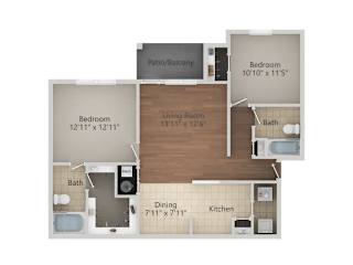 A floor plan of a home with a living room, dining room, kitchen, and three bedrooms.