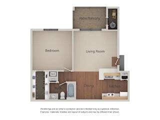 A floor plan of a small apartment with a bedroom, living room, kitchen, and bathroom.