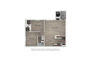 A floor plan of a house with a living room, dining room, kitchen, and two bedrooms.