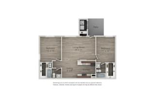 A floor plan of a two bedroom apartment with a living room and kitchen.