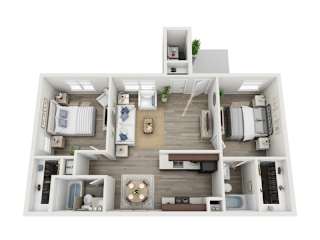A 3D floor plan of a house with a living room, kitchen, dining room, and bedrooms.