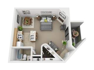 A 3D image of a small apartment with a bed, desk, and kitchenette.