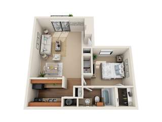 A top-down view of a small apartment with a bedroom, living room, and kitchen.