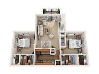 A top-down view of a two-bedroom apartment with a living room, kitchen, and bathroom.