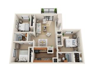 A top-down view of a two-bedroom apartment with a living room, kitchen, and bathroom.