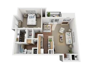 A top-down view of a small apartment with a bedroom, living room, and kitchen.