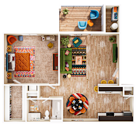 A top-down view of a room with a couch, a rug, a chair, a table, a shelf, and a cushion with a lion design.