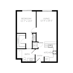 A black and white image of a floor plan for a bedroom and living room.