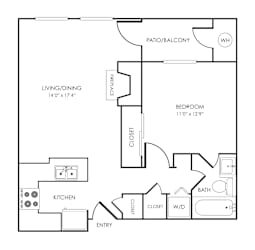 1 bedroom 1 bath floorplan with balcony at Rosemeade Apartments, Roseville, CA 95661