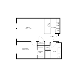 A floor plan of a house with a living room, kitchen, and bathroom.